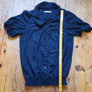 Navy Blue Short Sleeve Peter Pan Collar Blouse - Size Small